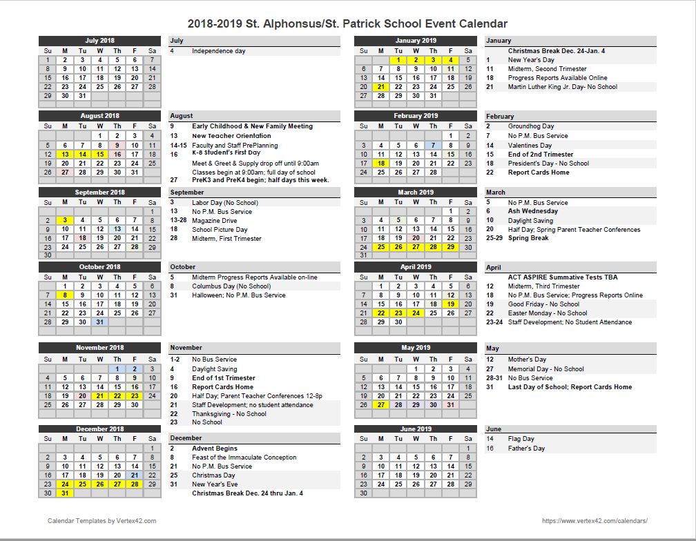 St. Alphonsus Saint Patrick School Overall Yearly School Calendar